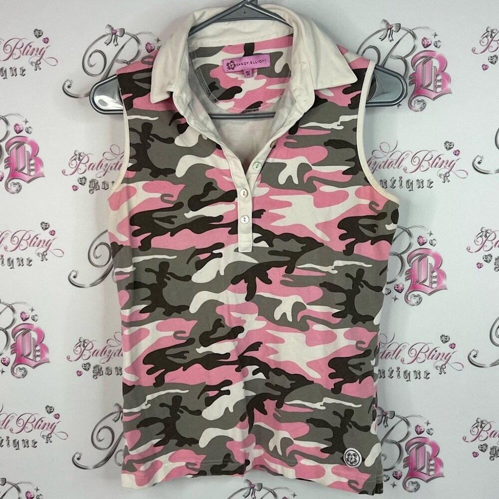 Sandy Elliot tank top collared y2k pink  Women's Camouflage Sleeveless Polo